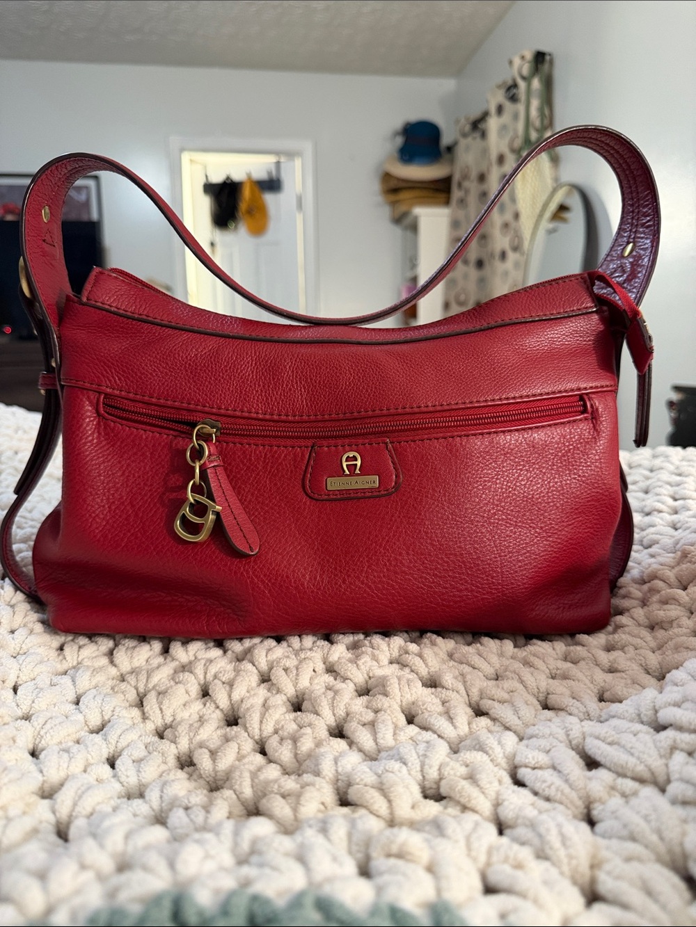 Etienne Aigner Red Pebbled Leather Shoulder Bag with Gold Hardware